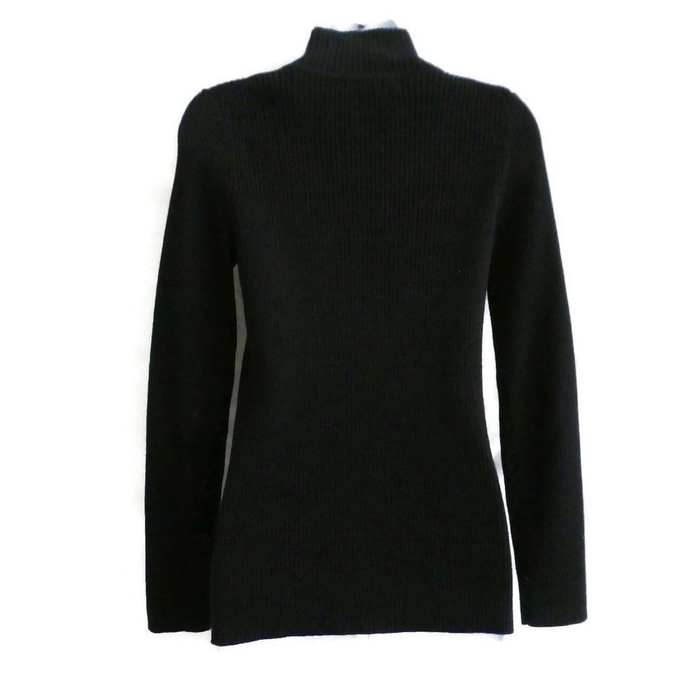Eddie Bauer Sweater Mock Full Zip Pima Cotton Blend Ribbed Black Silvertone Pull - Picture 2 of 7